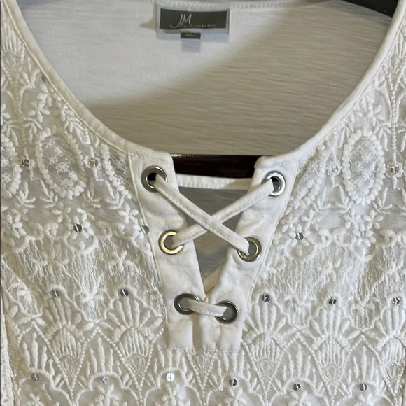 JM Collection White Blouse with Lace-Up Detail 3/4 length Sleeves - Picture 3 of 7